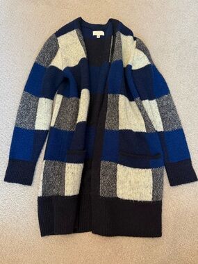 Lucky Chunky Wool Blend Navy/Blue & Cream Plaid Cardigan Sweater w/Pockets - XS